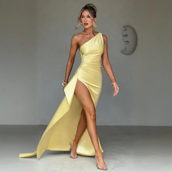 Women's One Shoulder Satin High Split Wedding Dresses