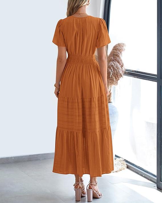 Casual Maxi Dress Lightweight Short Sleeve V