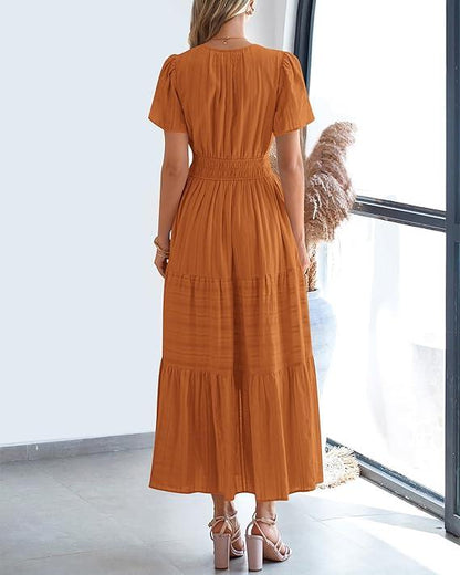 Casual Maxi Dress Lightweight Short Sleeve V