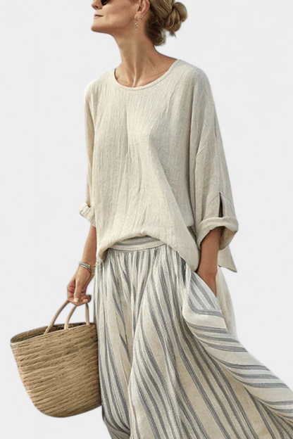 Aurora — Comfortable Blouse & Striped Midi Skirt