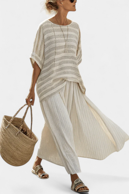 Graziella — Natural Bamboo Striped Top & Flowing Linen Pants