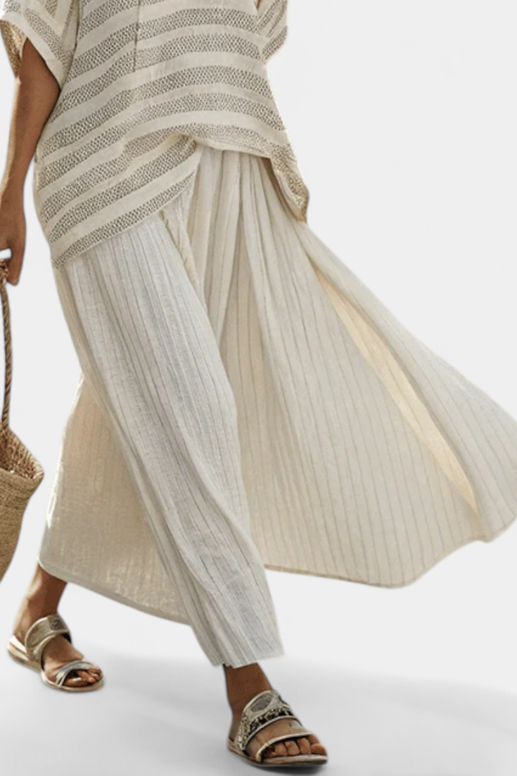 Graziella — Natural Bamboo Striped Top & Flowing Linen Pants