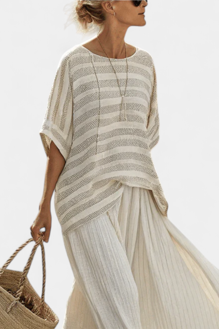 Graziella — Natural Bamboo Striped Top & Flowing Linen Pants
