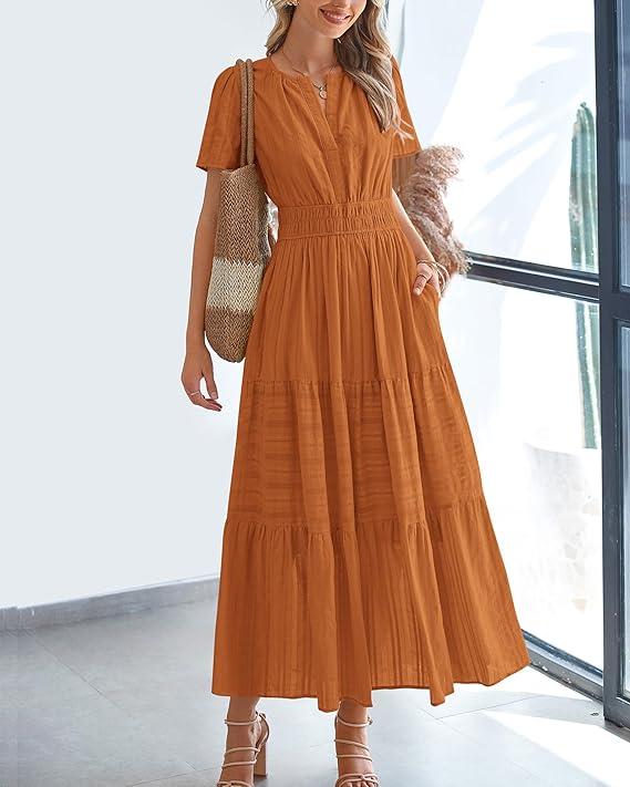 Casual Maxi Dress Lightweight Short Sleeve V