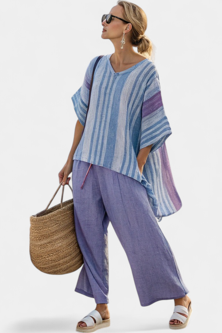 Carlotta — Elegant Lavender & Sky Blue Top with Linen Pants