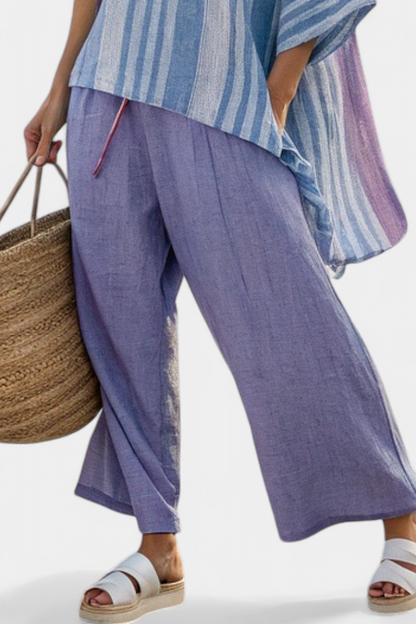 Carlotta — Elegant Lavender & Sky Blue Top with Linen Pants