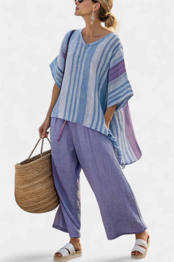 Carlotta — Elegant Lavender & Sky Blue Top with Linen Pants