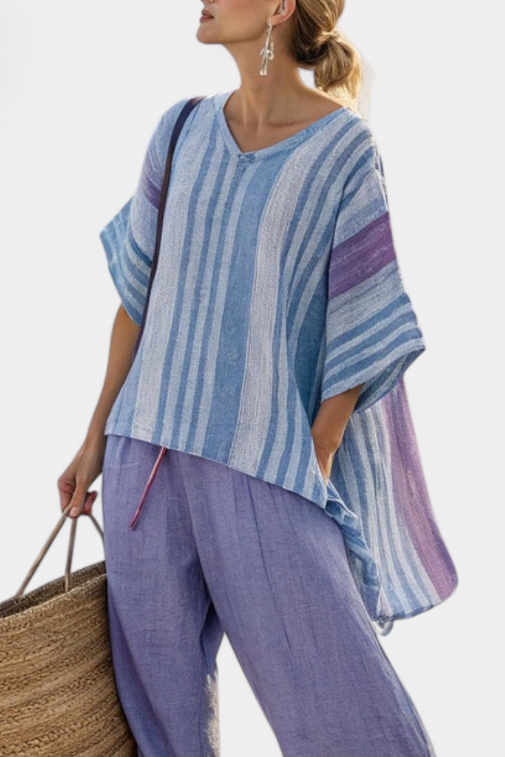 Carlotta — Elegant Lavender & Sky Blue Top with Linen Pants