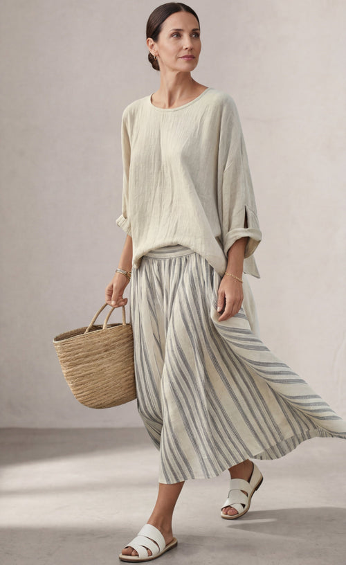 Aurora — Comfortable Blouse & Striped Midi Skirt