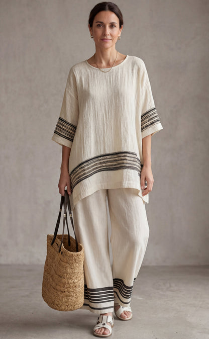 Mariella — Elegant Linen Striped Top & Flowing Pants