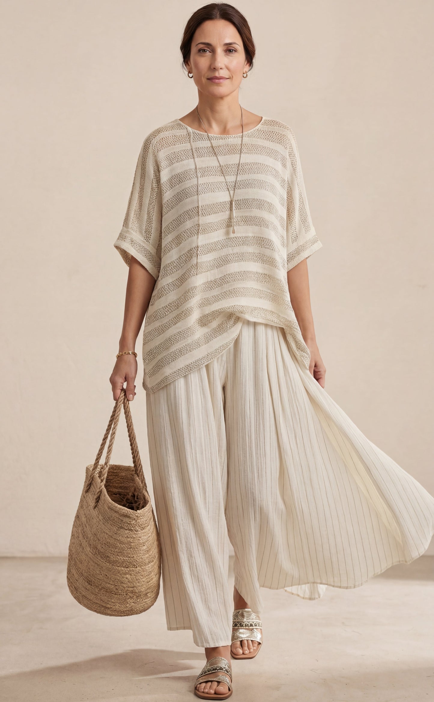 Graziella — Natural Bamboo Striped Top & Flowing Linen Pants