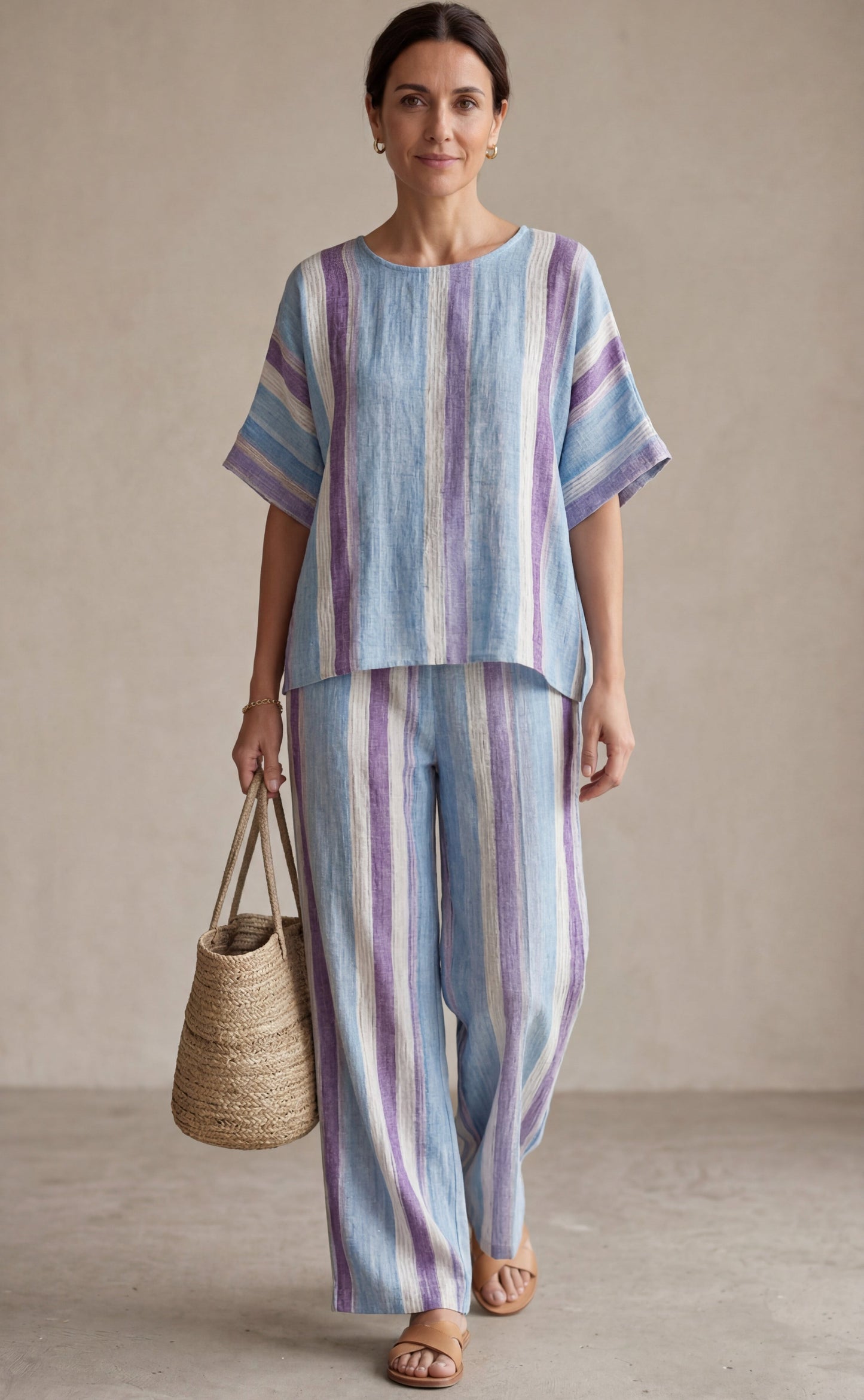 Ginevra — Elegant Pastel Lilac Top & Striped Linen Pants