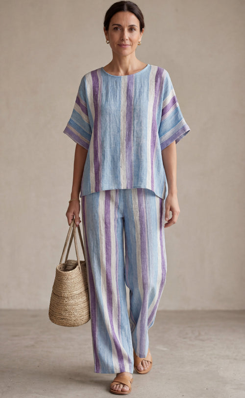 Ginevra — Elegant Pastel Lilac Top & Striped Linen Pants