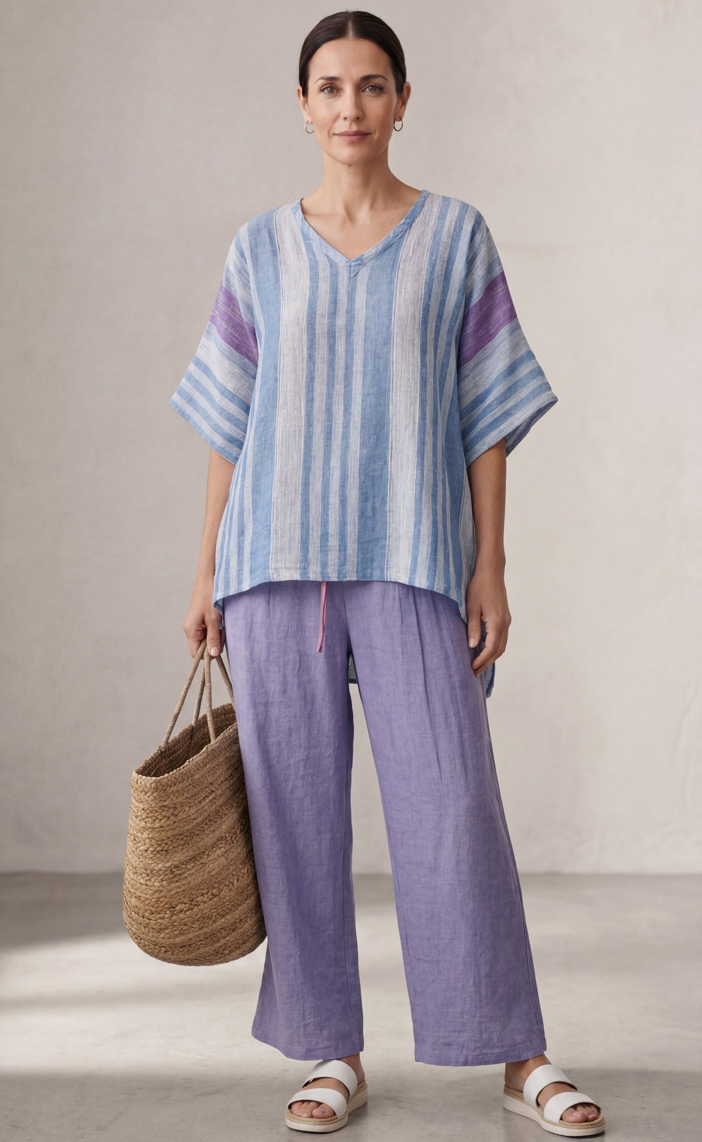 Carlotta — Elegant Lavender & Sky Blue Top with Linen Pants