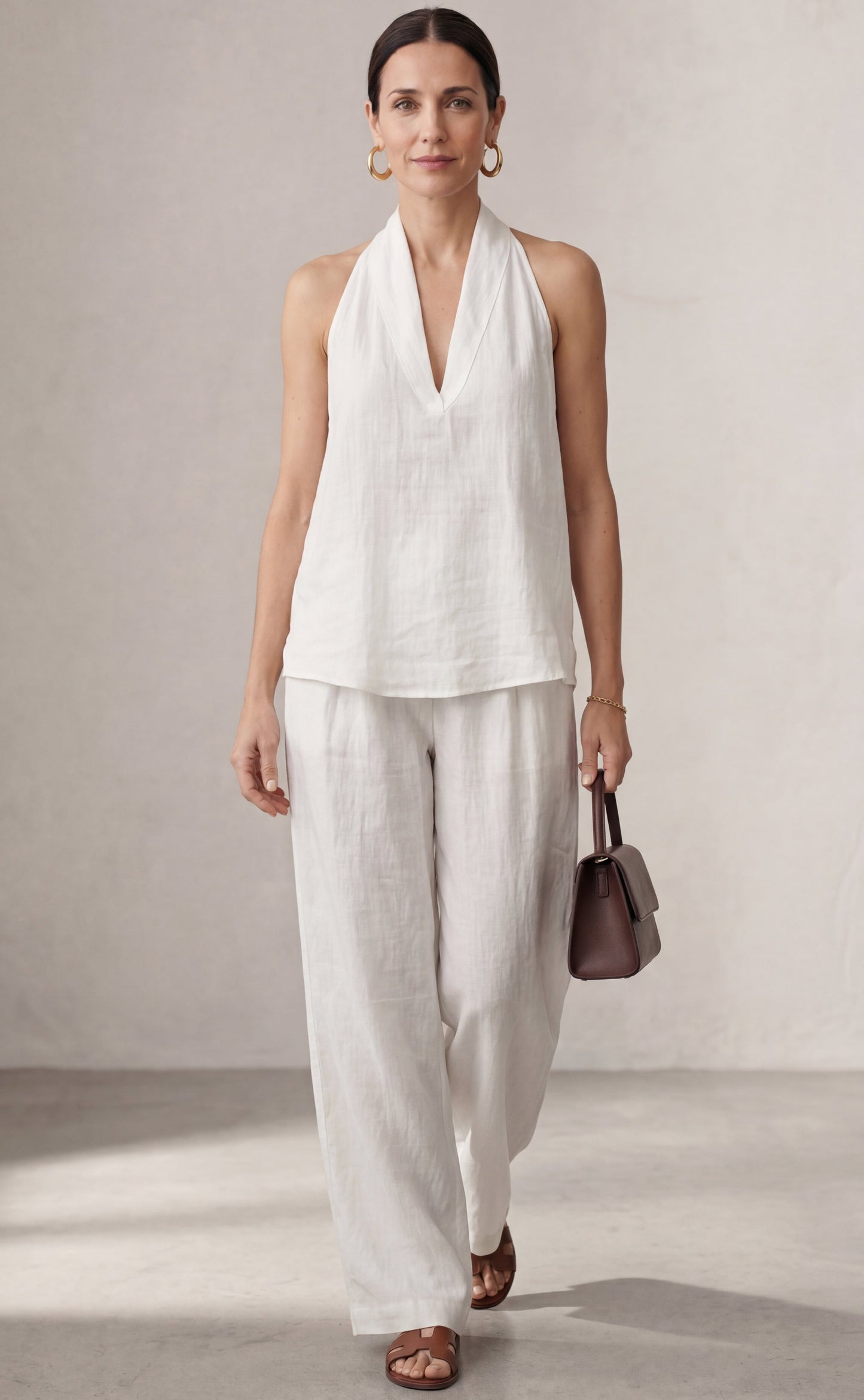 Linen Set with V-Neck Top and Flowing Pants