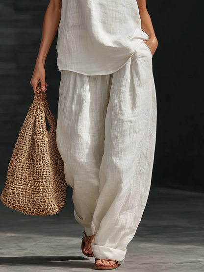Linen Set with V-Neck Top and Flowing Pants