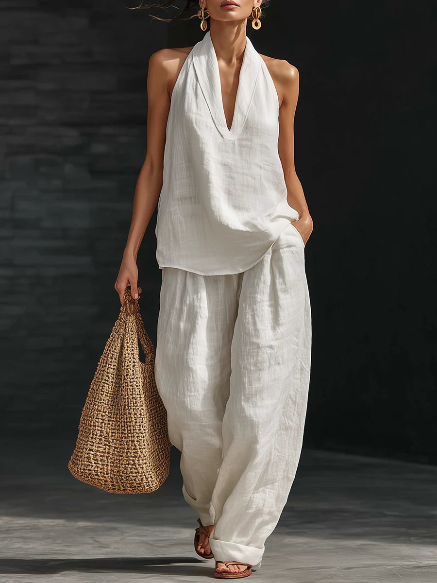 Linen Set with V-Neck Top and Flowing Pants