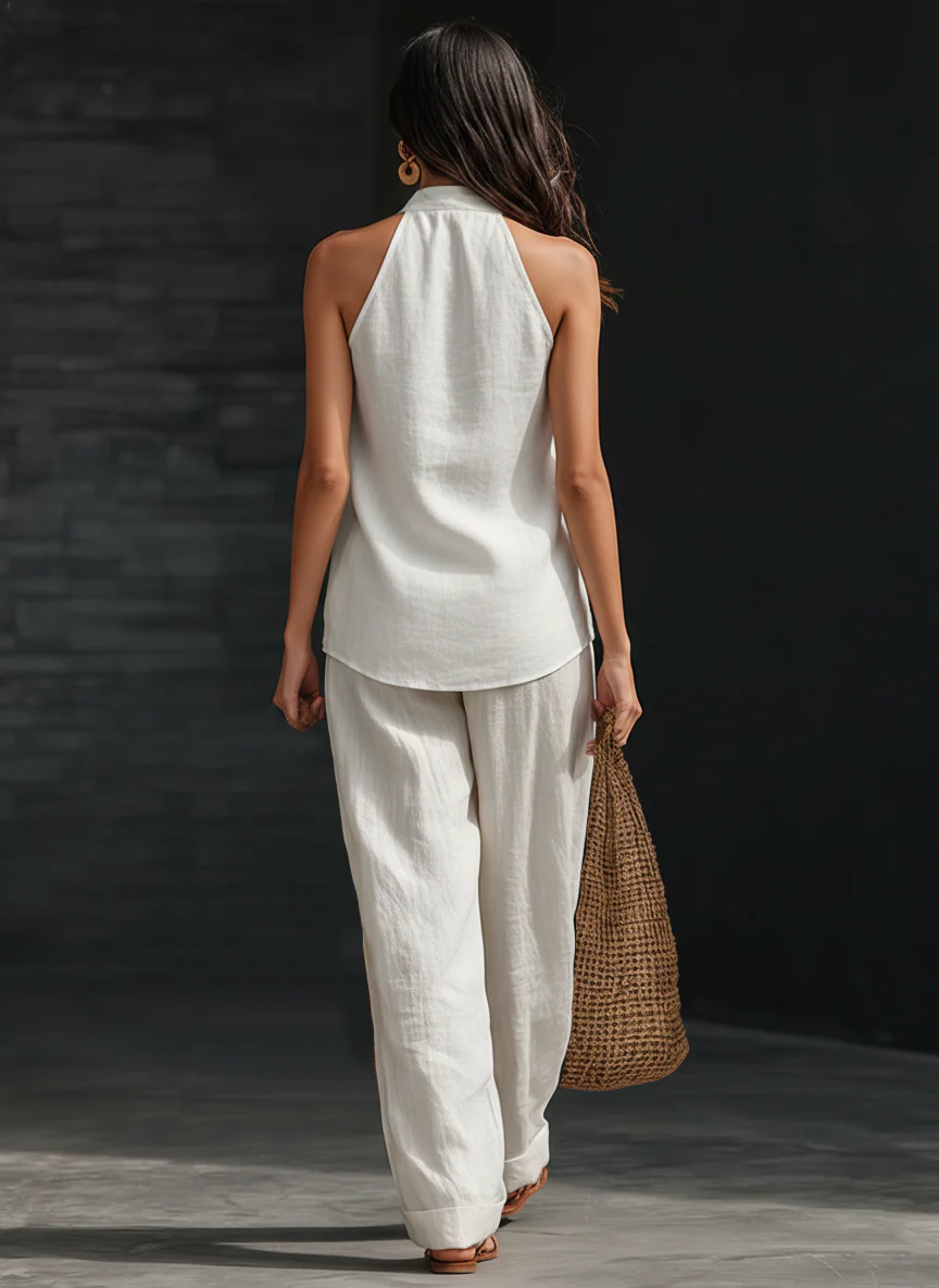 Linen Set with V-Neck Top and Flowing Pants