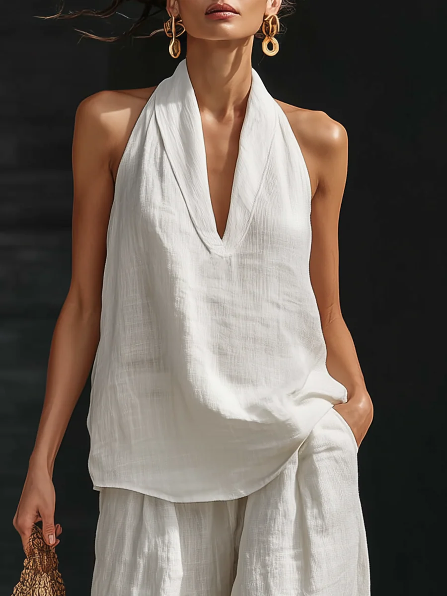 Linen Set with V-Neck Top and Flowing Pants