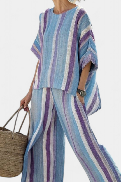 Ginevra — Elegant Pastel Lilac Top & Striped Linen Pants