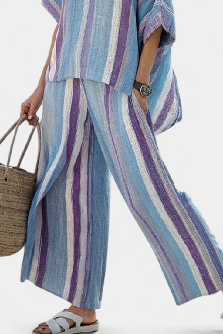 Ginevra — Elegant Pastel Lilac Top & Striped Linen Pants