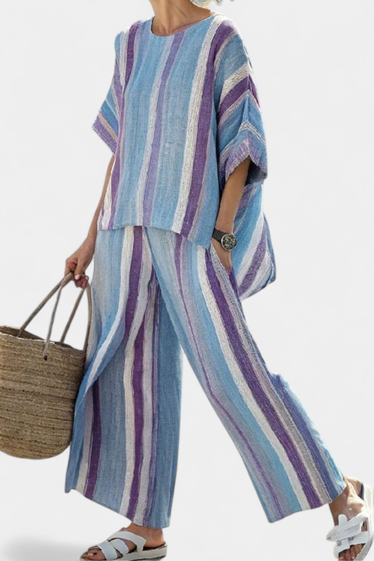 Ginevra — Elegant Pastel Lilac Top & Striped Linen Pants