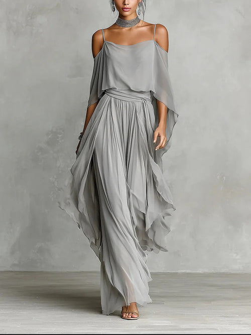Isabela | Grey Flowing Set with Spaghetti Strap Top and Lightweight Pants