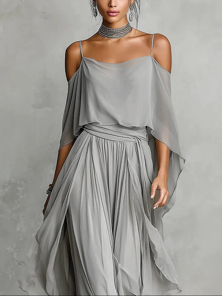 Isabela | Grey Flowing Set with Spaghetti Strap Top and Lightweight Pants