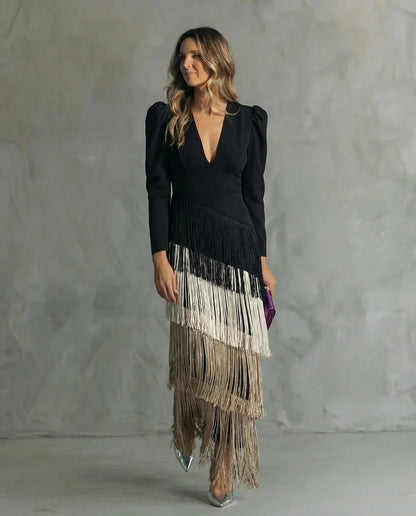 Clara™ | Elegant Midi Dress with Fringe Sleeves