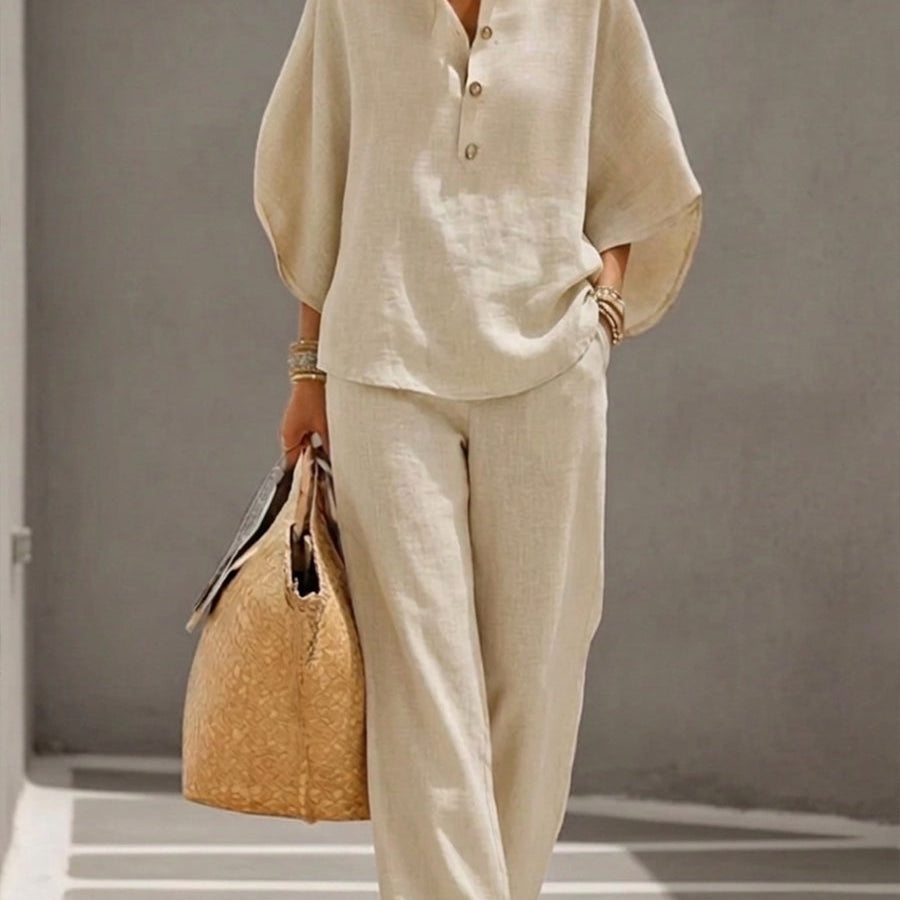 Mariel | Two-Piece Linen-Effect Set with Batwing Sleeves and Flowing Pants