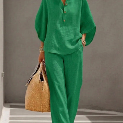 Mariel | Two-Piece Linen-Effect Set with Batwing Sleeves and Flowing Pants