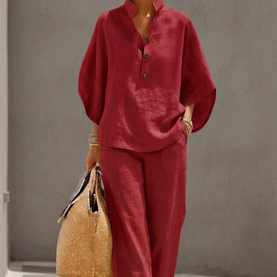 Mariel | Two-Piece Linen-Effect Set with Batwing Sleeves and Flowing Pants