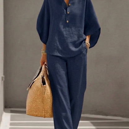 Mariel | Two-Piece Linen-Effect Set with Batwing Sleeves and Flowing Pants