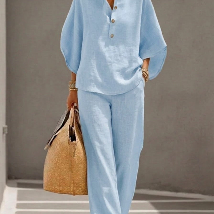 Mariel | Two-Piece Linen-Effect Set with Batwing Sleeves and Flowing Pants