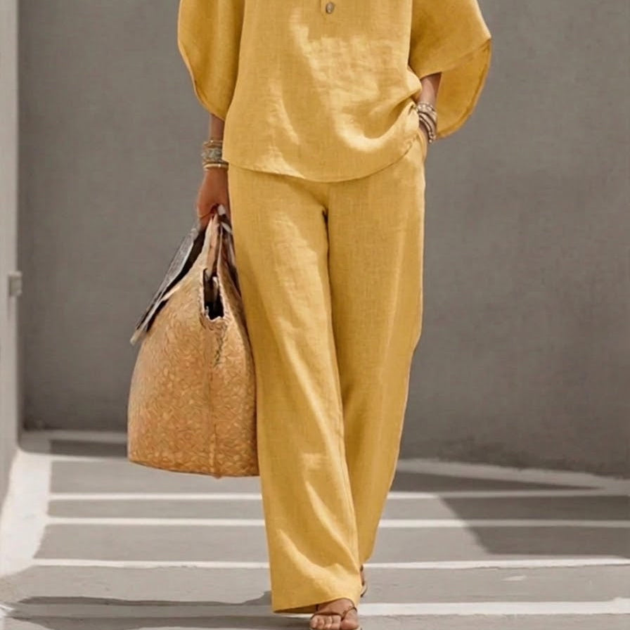 Mariel | Two-Piece Linen-Effect Set with Batwing Sleeves and Flowing Pants