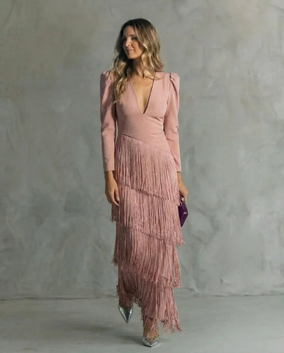 Clara™ | Elegant Midi Dress with Fringe Sleeves