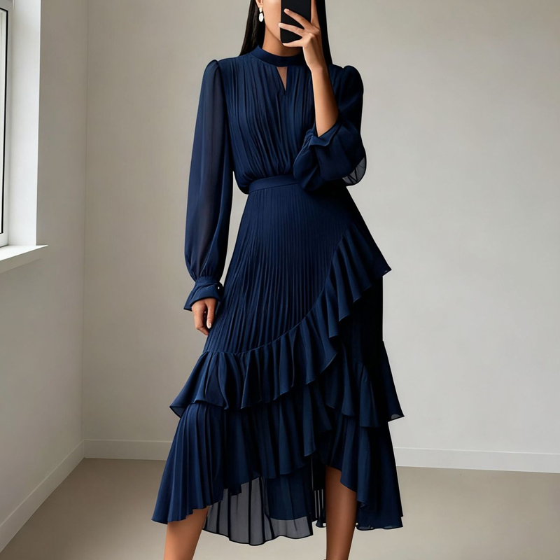 Clara | Pleated Midi Dress with Ruffles
