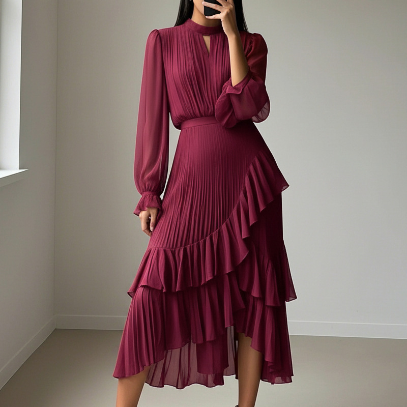 Clara | Pleated Midi Dress with Ruffles