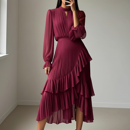 Clara | Pleated Midi Dress with Ruffles
