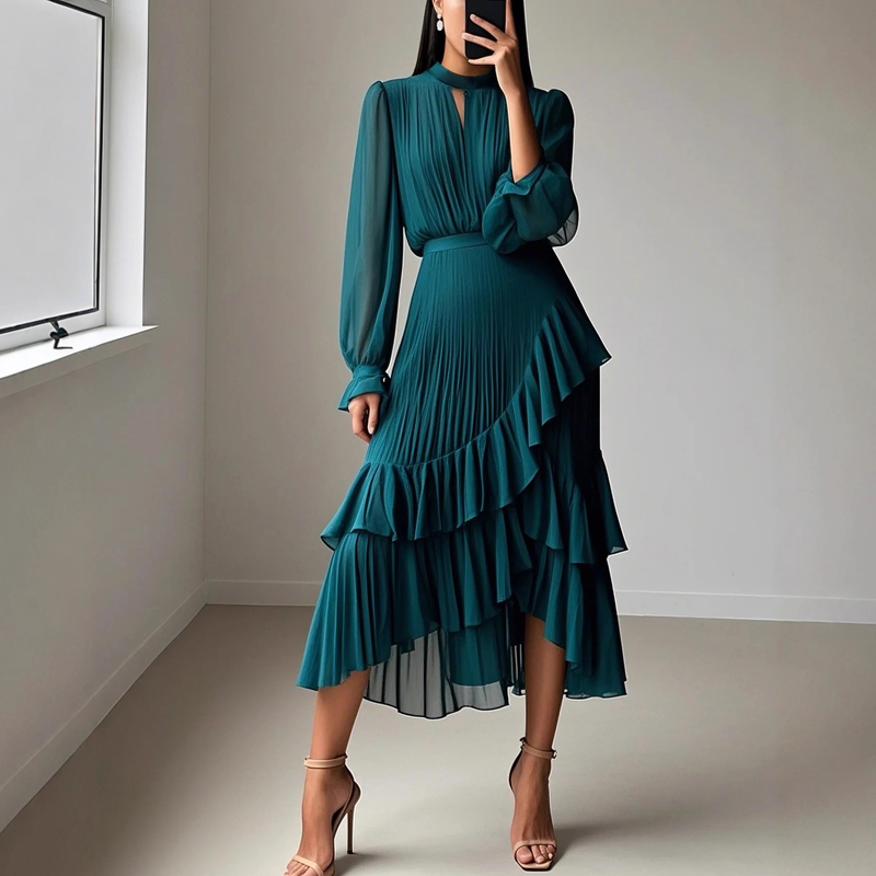 Clara | Pleated Midi Dress with Ruffles