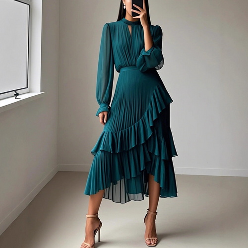 Clara | Pleated Midi Dress with Ruffles